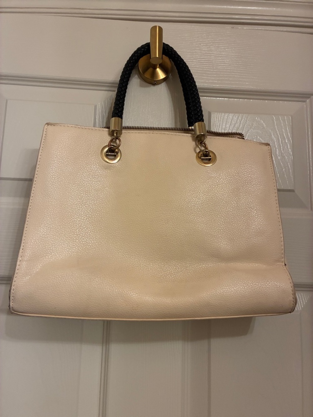 Charming Charlie Cream Tote with‎ Black Braided Handles